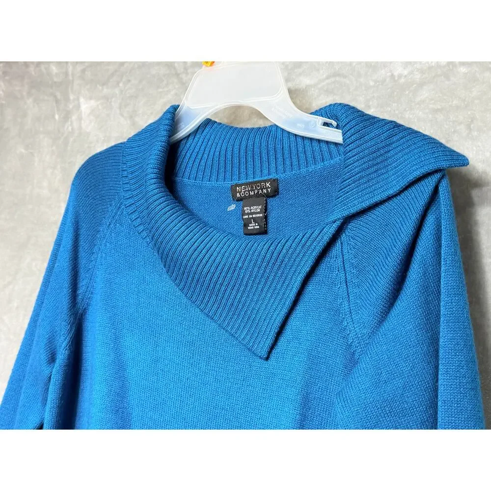 New York & Company Blue Foldover Collar Sweater Size L